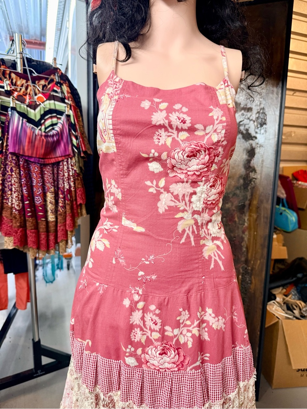 Luna Luz Floral Tiered Midi Dress Size S Cottagecore Lace Trim Spaghetti Strap - Picture 5 of 9